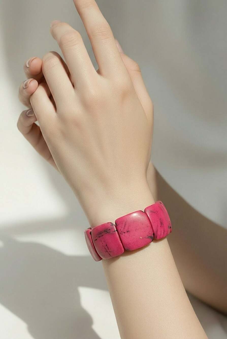 Handcrafted Red Tagua Nut Stretch Panel Bracelet Vegetable Ivory